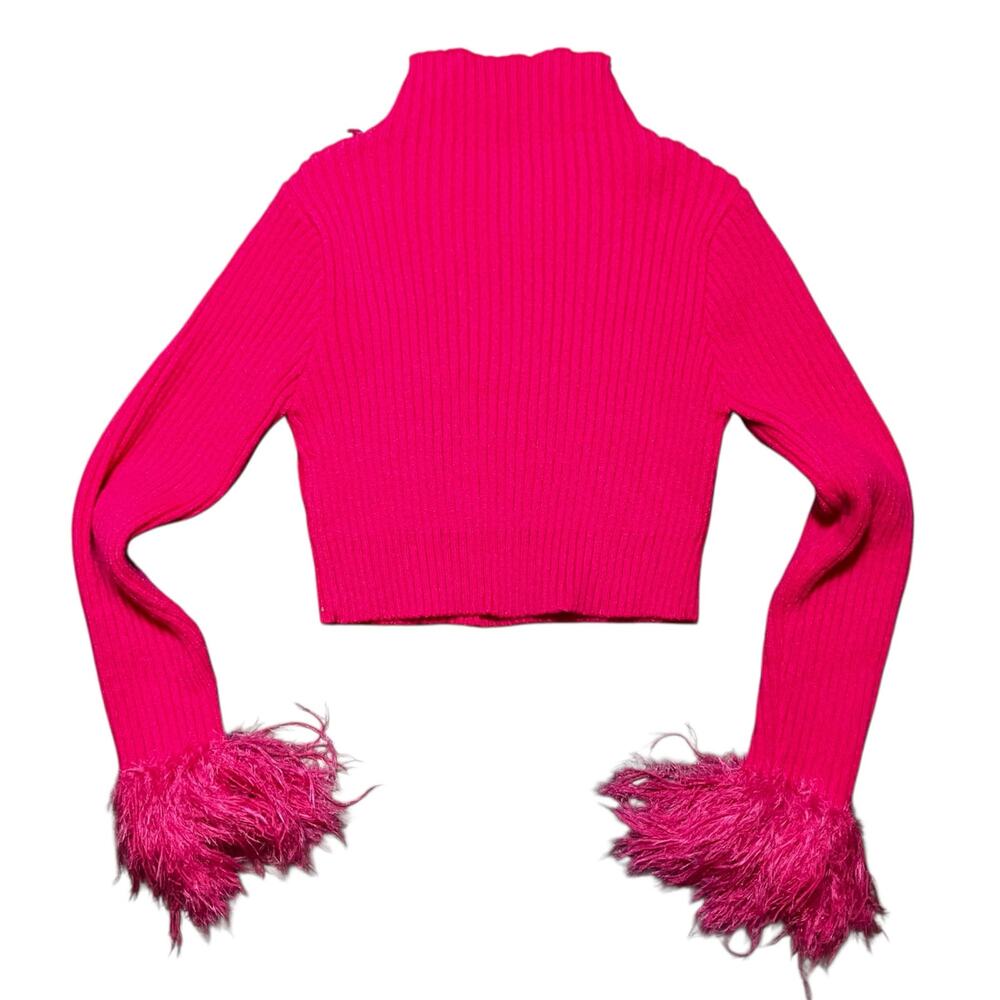 Hot Pink Feather Cuff Cropped Sweater Y2K Barbiecore Knit Top Small Faux Fur